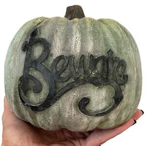 Gray Pumpkin Beware Embossed Script Rustic Halloween Decor Green Ceramic Resin